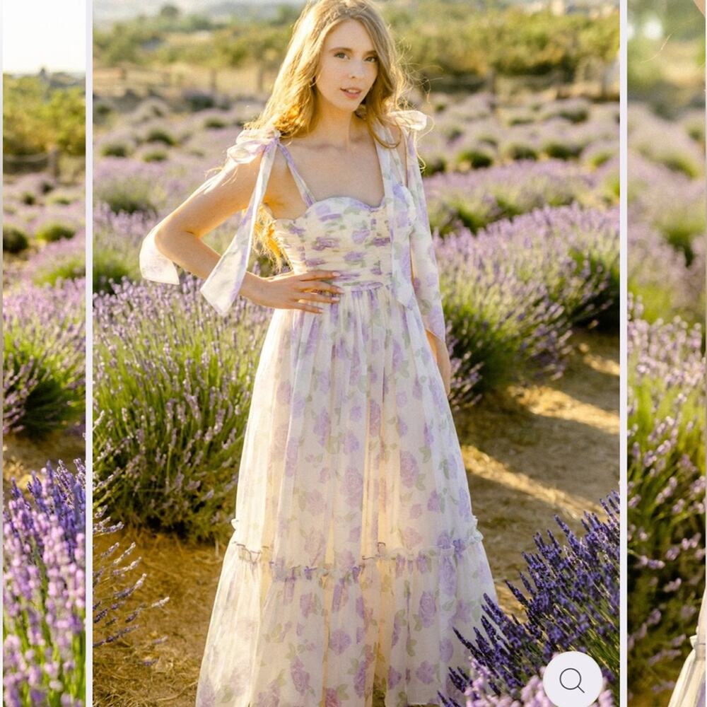 morning lavender debra purple & white floral sweetheart bow detil maxi dress - Picture 13 of 16